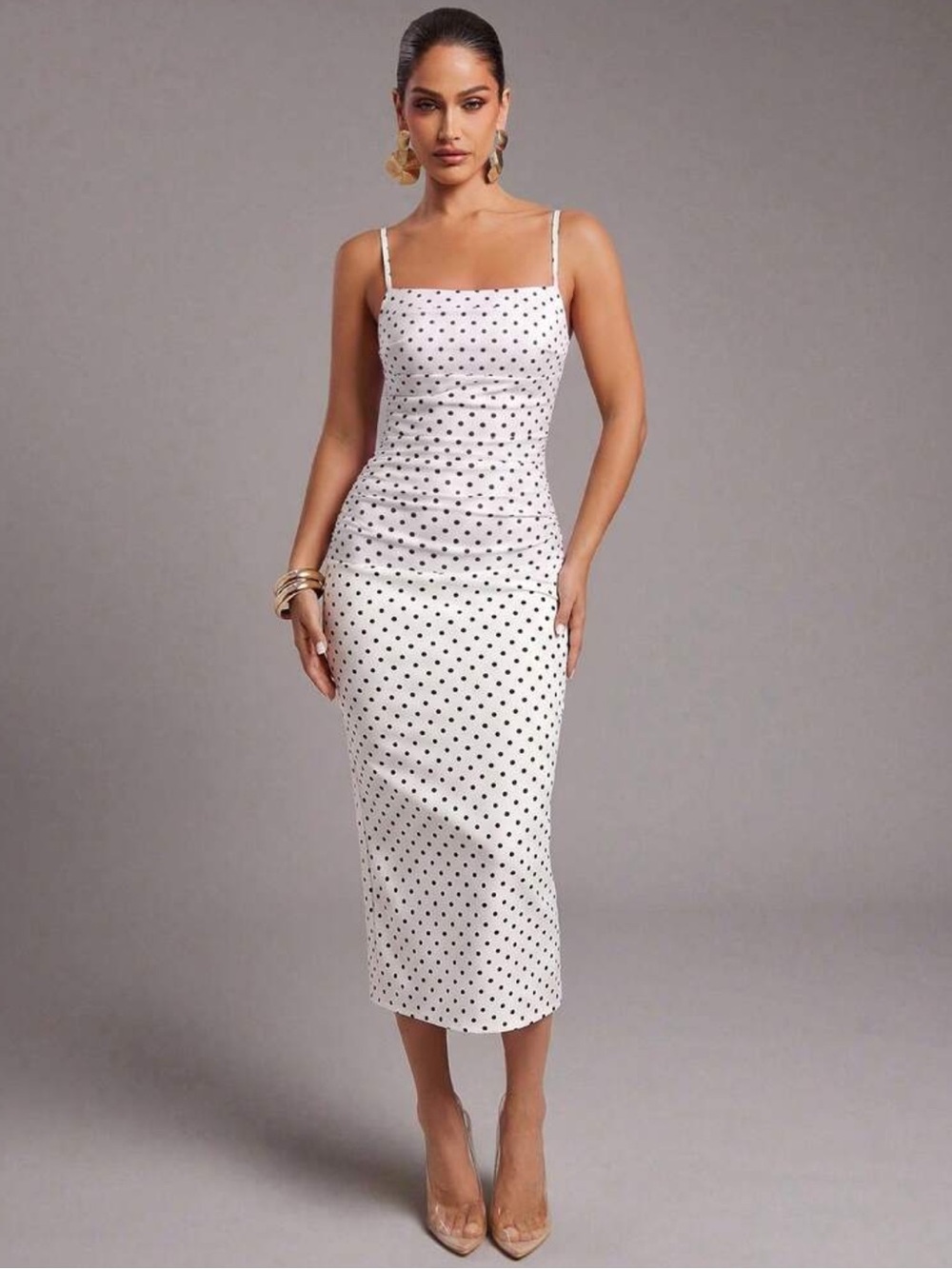Black/White Polka Dot Square-Neck Midi Dress